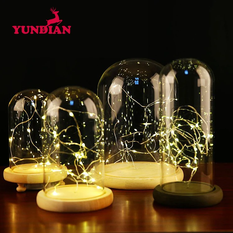 Wholesale Different Size Display Bell Dome Jar Transparent Clear Led Warm Lighting Glass Cloche With Wood Base For Home Deco