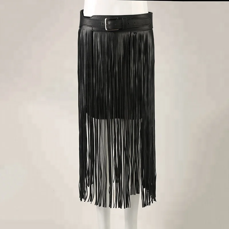 Sexy Woman leather tassel skirt 2018 ladies belt Nightclub versatile body shaping hip dress skirt waist wide  fringe waist seal