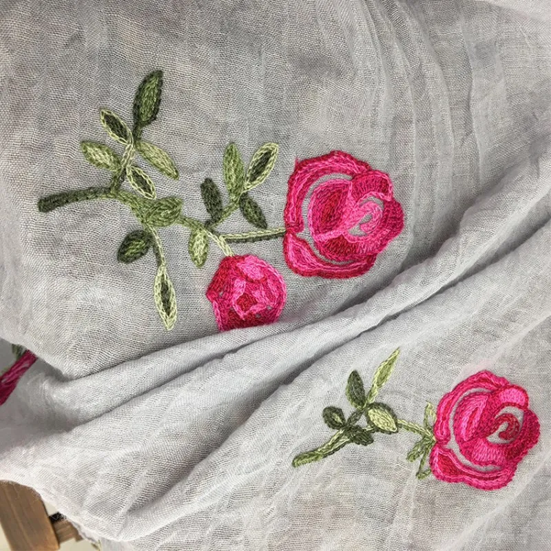 Luxury Long Embroidered Scarf Womens Cotton Scarves Rose Flower Embroidery Scarf Muslin Viscose Hijab 180*90cm