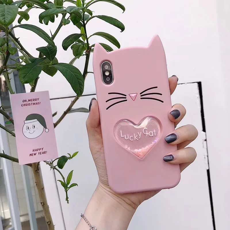 Love Heart Glitter Stars Luck Cat Case for Huawei P20 Pro P20 Lite P10 Plus P9 Lite 2017 P8 Lite P Smart Dynamic Liquid Cover