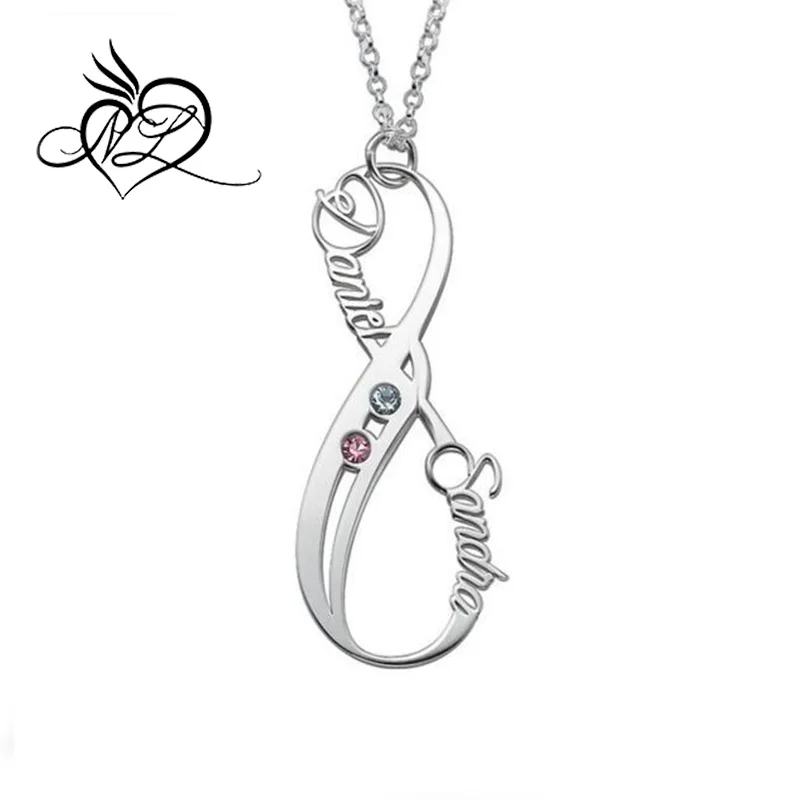 Vertical Infinity Pendant Name Necklace with Birthstones in Stainless Steel