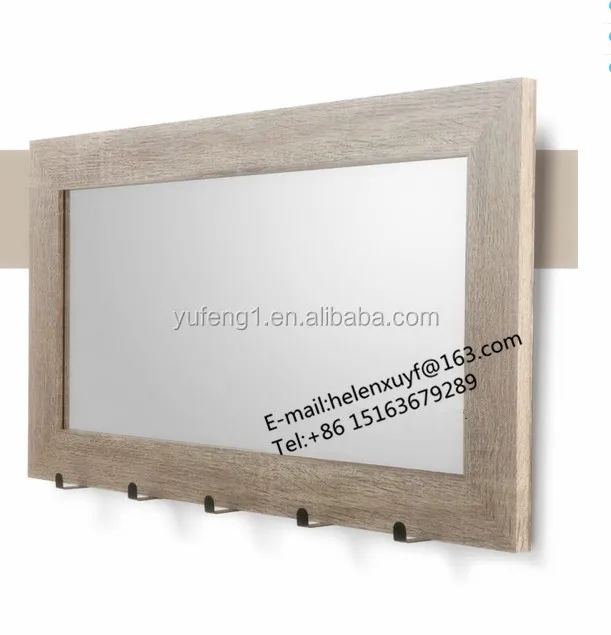 Wood paper wrapped MDF framed wall mirror with hooks