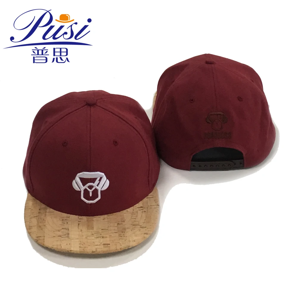 Wholesale Custom 6 Panel PU leather Brim Wood Snapback Hat Cork Cap
