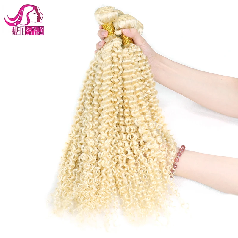 Double Drawn 100% Human Hair Kinky Curly Bundles Wave European/russian 613 Blonde Hair Brazilian Support Color 613 Virgin Hair