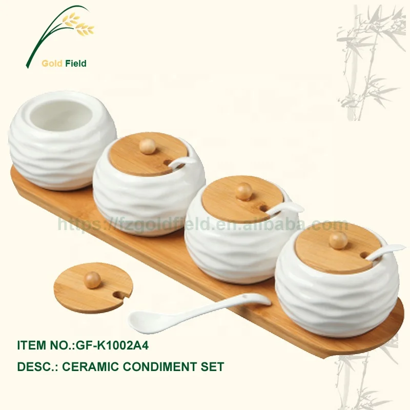 wholesale ceramic sugar spice Jar set container Set bamboo lids with Bamboo Tray