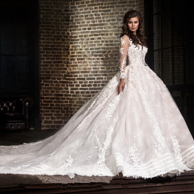 Arabic Dubai Wedding Dress Women Long Sleeve Wedding Gown Bateau Neck Bridal Dresses 2021 Ball Gown Vestidos Vestido de novia