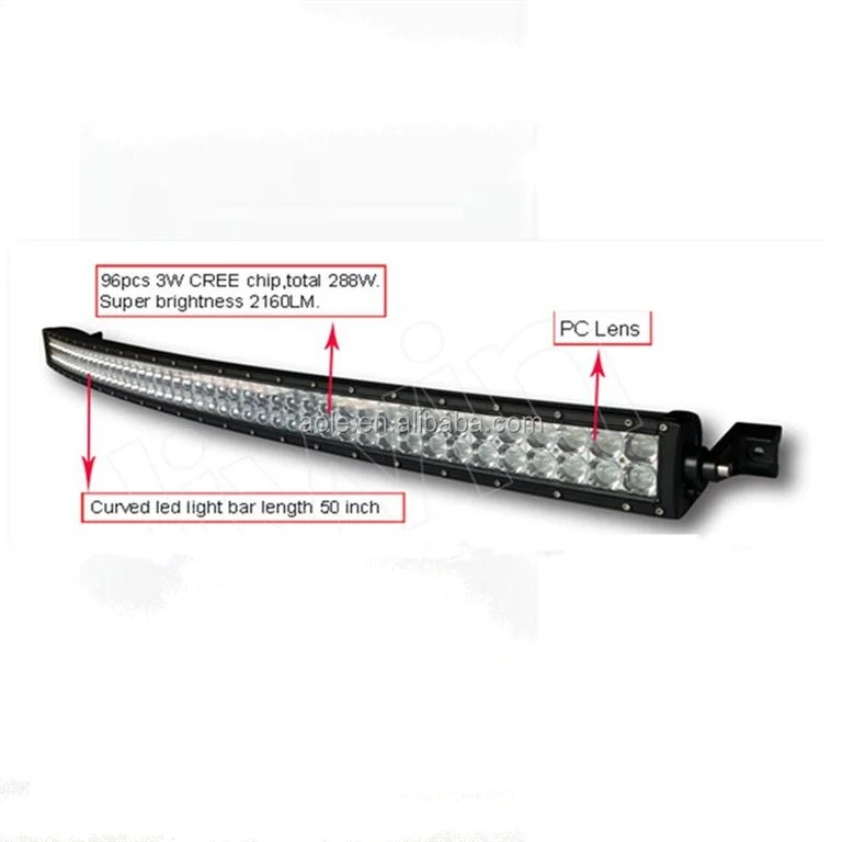 Super quality waterproof offroad 50 inch 288w wholesale car curved led light bar