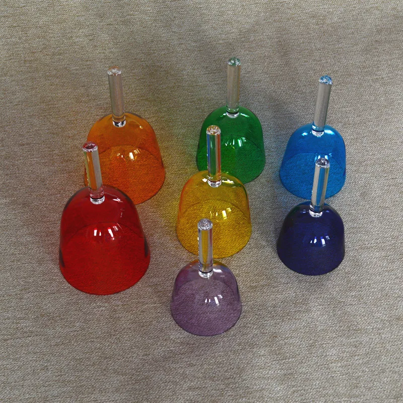 
HF Wholesale chakra tuned crystal singing bowl set sound healing Clear colorful hand held crystal singing bowl with handle 