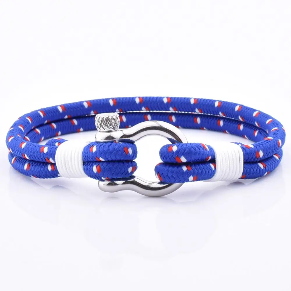 Mens Handmade Jewelry Nylon Rope Cord Stainless Steel Shackle Charm Bracelet Red Cotton Rope Woven Bracelet
