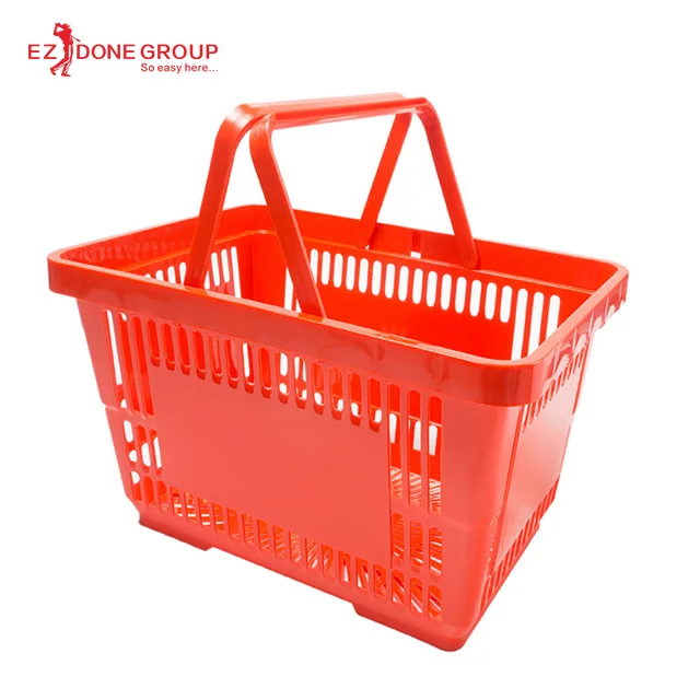 
good selling Red one-piece PP plastic rolling customized LOGO built-in handheld Large supermarket shopping basket 