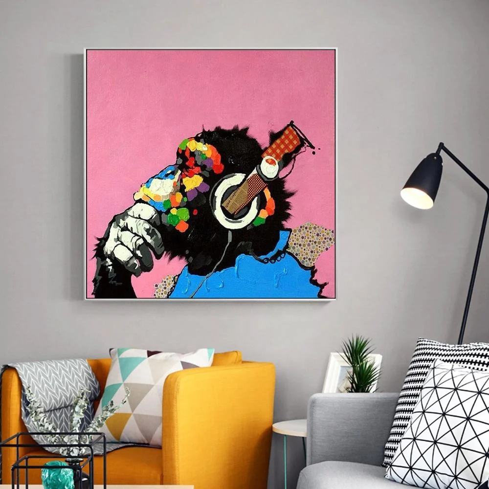 
Gorilla listen music hand painted canvas painting pop art oil painting wall decor pictures for cafe shop club 