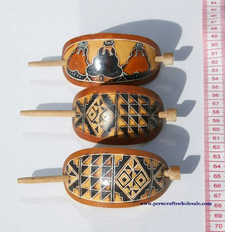 Wooden Barrettes Brown Ethnic Peruvian Design Drawings Art Wholesale Fashion Hair Accessories South America Peru