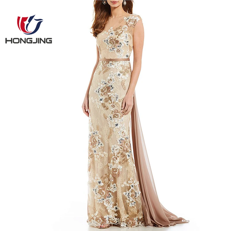 women wear new style sexy Floral Embroidered Lace Gown Illusion neck Cap sleeves Back zipper closure floor length midi dress