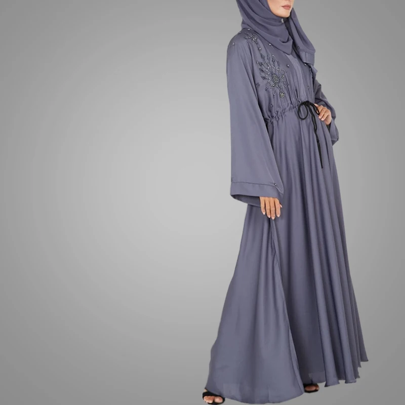 South Indian Sexy Girls Picture High Quality Kaftan Kimono Abaya Dark Gray Elegant Embroidery Pearls Dubai Abaya