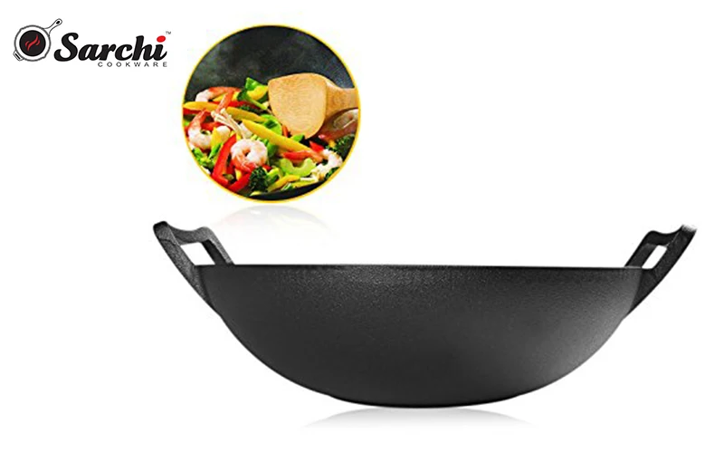 36cm Cast iron Chinese Wok Flat bottom pre seasoned