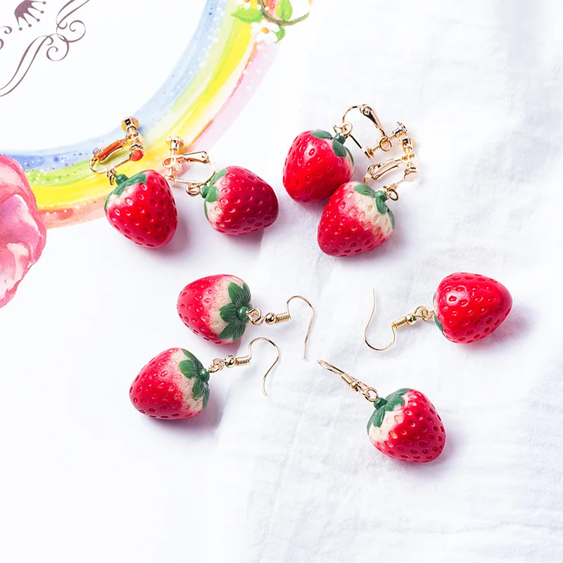 Korean Creative Simulated Strawberry Ear Hole-free Ear-clip Net Red ins Interesting Fruit Mixed Batch Long Acrylic Earrings Fema