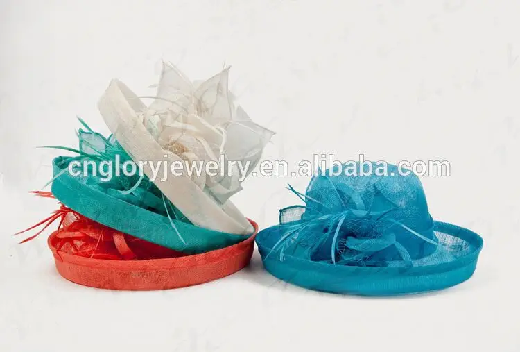 Ivory,blue and orange colors,royal church fascinator hats,sinamay and feather material
