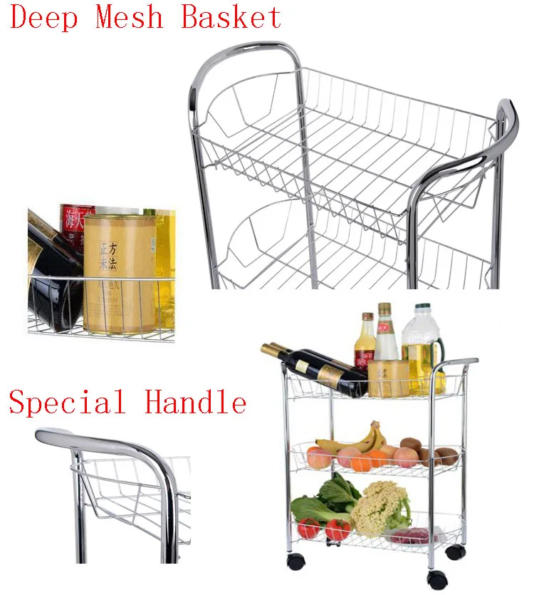 3 Tiers Chrome Finished Stainless Steel Mesh Wire Kitchen Storage Rolling Organizer Shelves Cart Trolley