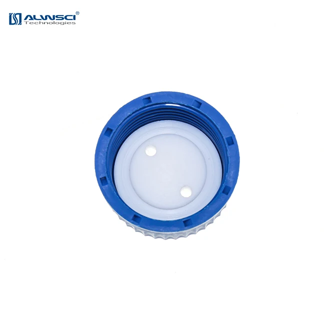 Plastic blue GL45 safety cap with two holes for 1/8 inch OD tubing.