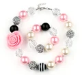 Girls Lovely Pink Flower Necklace Chunky Beads Strand Bracelets Kids Fancy Dress Ourfit Jewelry Set Birthday