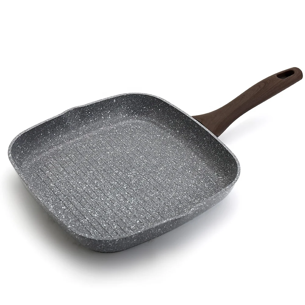 
Aluminum forged square grill pan with light grey non stick marble stone coating and wooden coating handle 