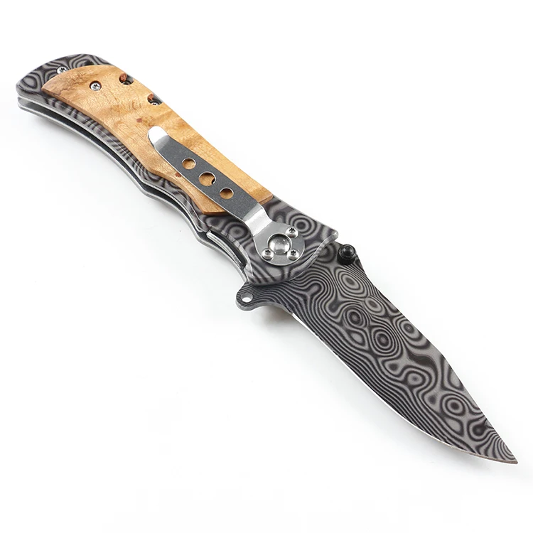 
Wooden handle folding pocket knife EDC knife with Damascus laser pattern surface 