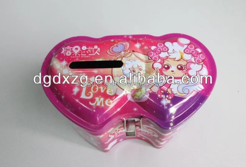 Double heart shaped coin bank, money box with lock