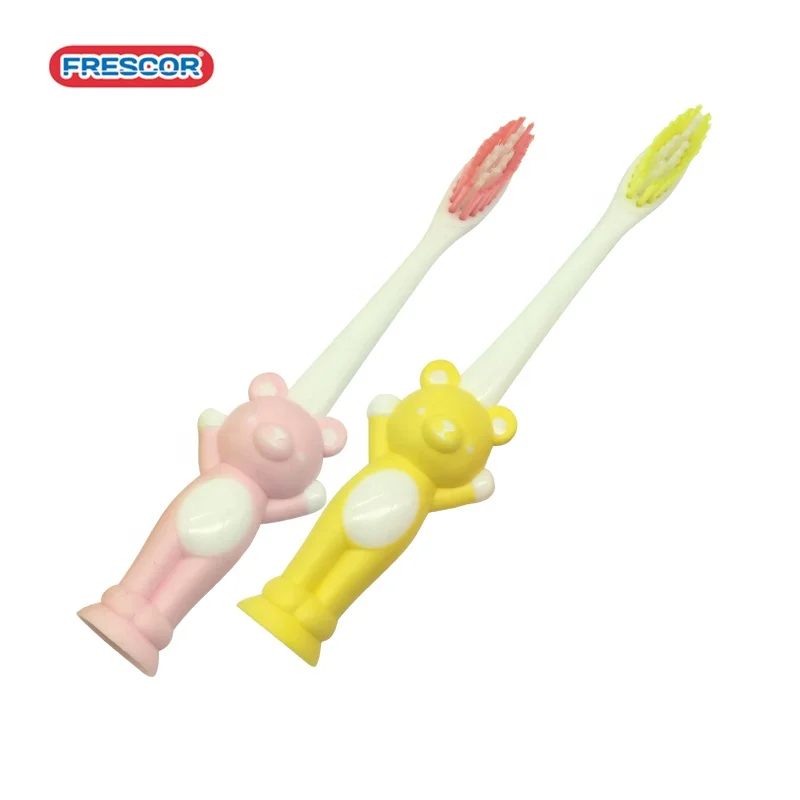 Customized Bear Cartoon handle kids toothbrush With suction cups