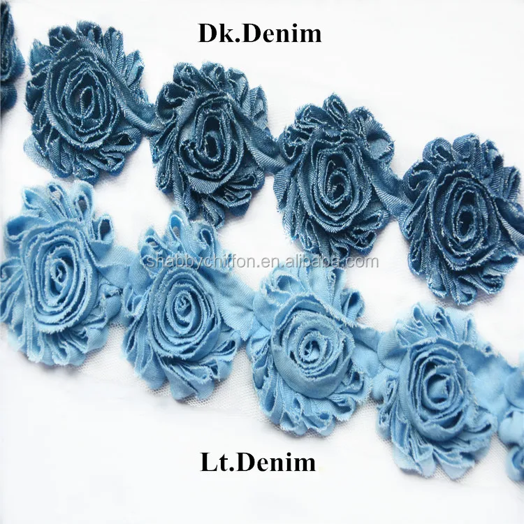 Unique Denim rose flower by yards -Jeans fabric Shabby Flower Rosette Trim In Stock Chiffon Flower