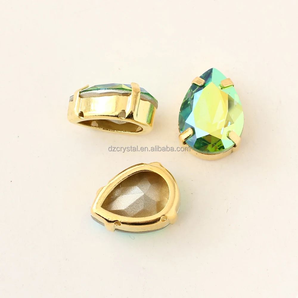 Wholesale Water Drop Point Back Crystal Peridot AB Coating Fancy Stone With Metal Claw For Jewelry Making
