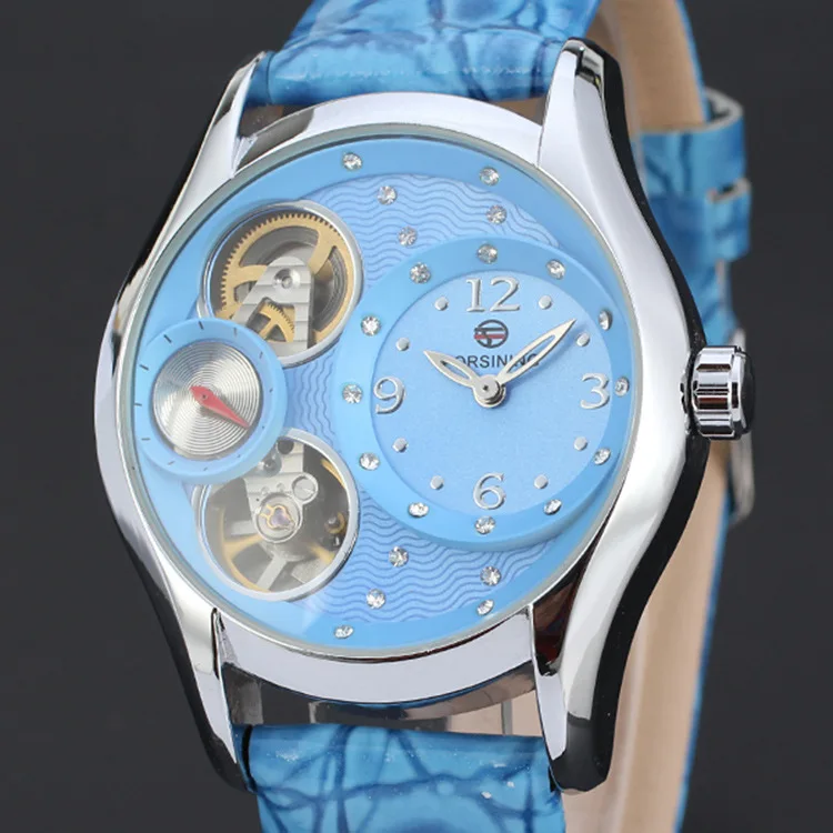New luxury three eyes drilling mechanical watches skeleton mechanical belt watch
