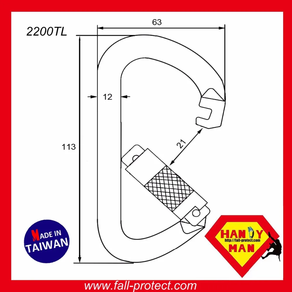 2200SG Square Steel D Screw Gate Opening Cheap Rescue Carabiner