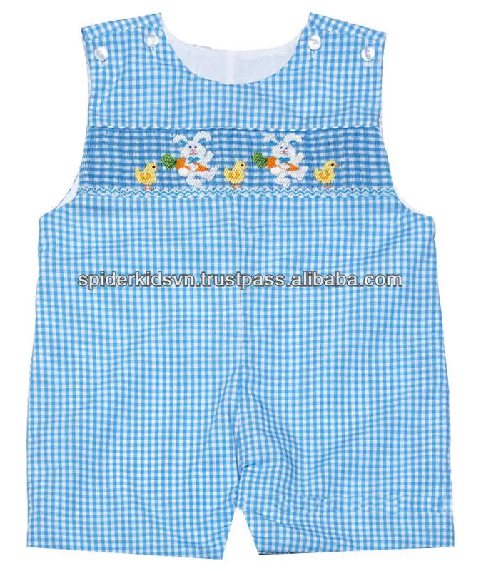 Baby Boy Blue Mini Gingham Smocked Bunny & Chicks Shortall