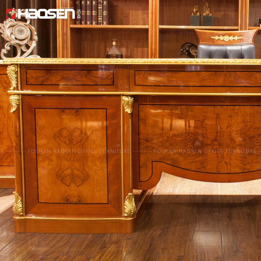 High end classic 0828 I shape Working Wooden office furniture executive desk and chair set supply