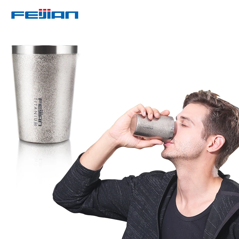 FEIJIAN Sport Titanium Water Bottle with Diamond Surface 460 ml Pure Titanium Vacuum Luxury Ultralight Bactericidal for GYM/Gift