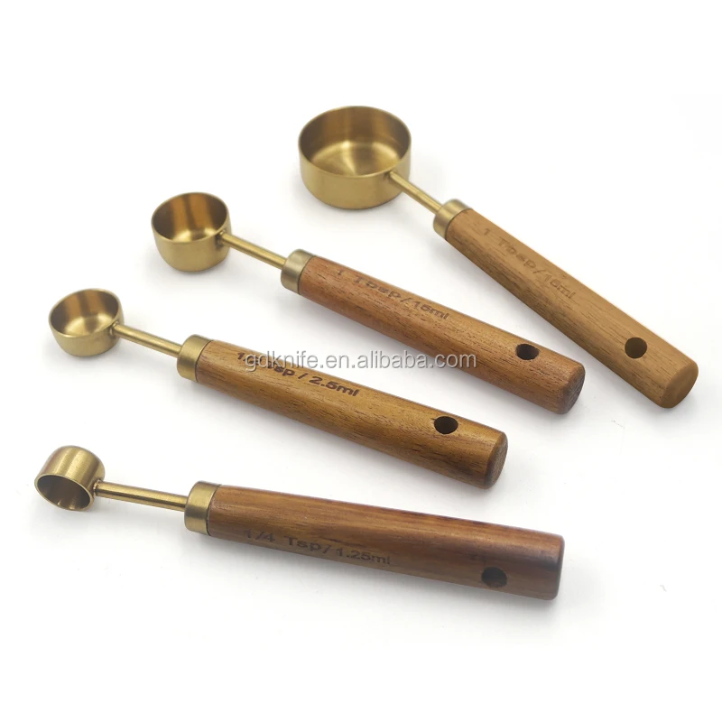 Лидер продаж, набор мерных ложек из розового золота с деревянной ручкой и медным покрытием, 4 шт.