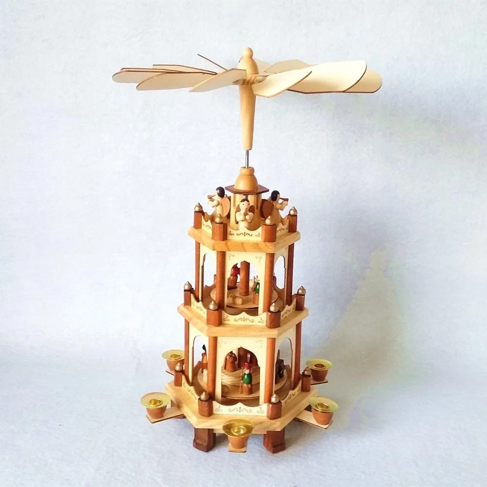 3 tier wooden German Christmas pyramid with tealight candle holders