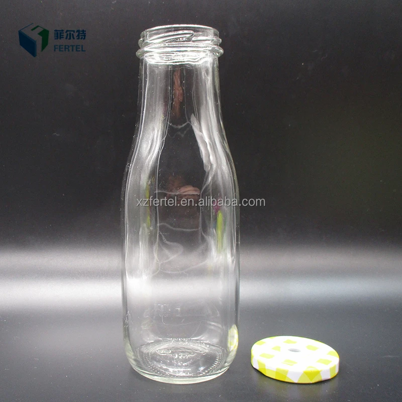 
250ml Custom Glass square juice bottle 400ml for milk with metal lid and straw 