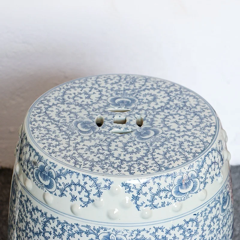 Blue and white double happiness Chinese ceramic garden stool porcelain seat for home decorative change shoe stool in living room
