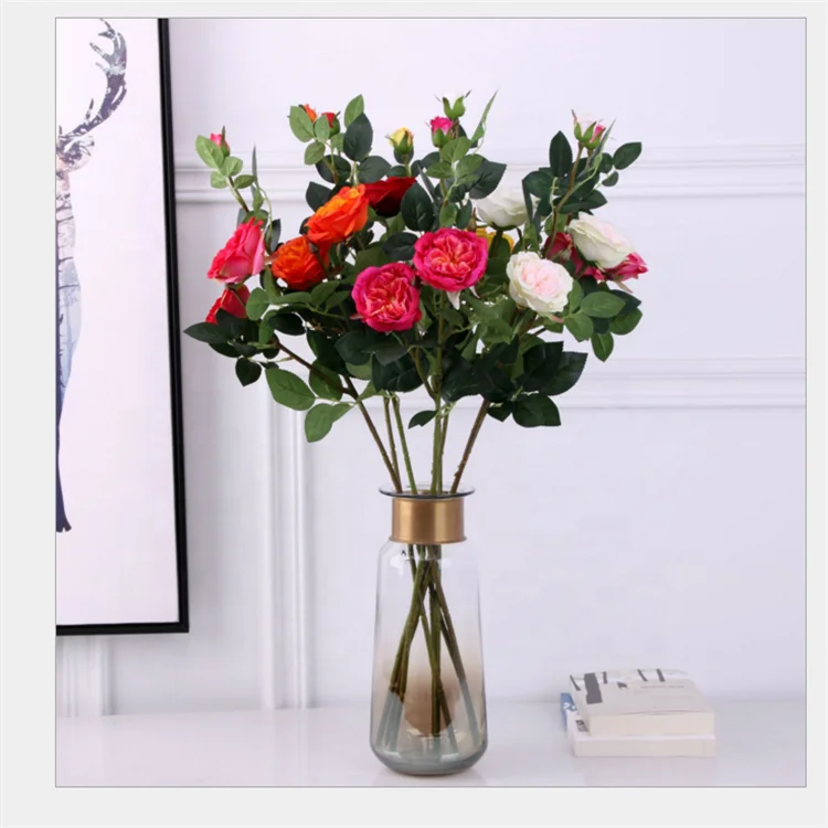 
Factory wholesale silk cloth artificial flower three English tea rose for wedding/home decor 