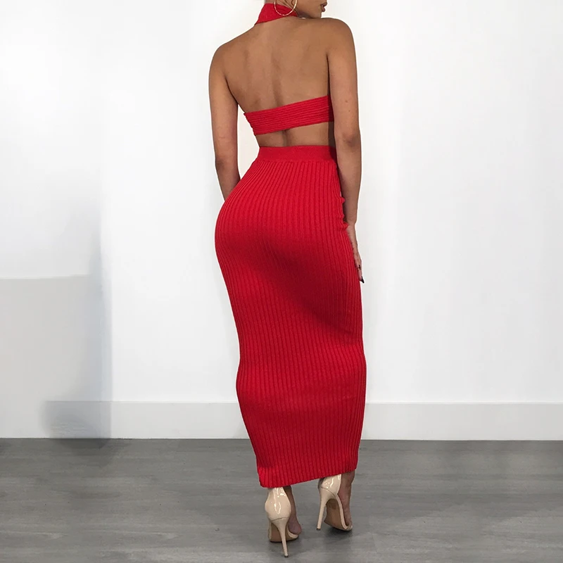 Runwaylover  6454  Bodycon Two Piece Set Dress 2019 Halter Sweater Dresses 2 Piece Knitted dress