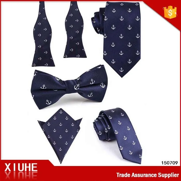 Men anchor pattern Navy Polyester Self Bow tie,Necktie,Bow Tie,Hanky