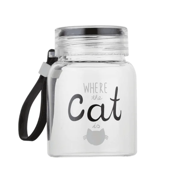 
Cartoon Cute Cat Glass Water Bottle with Cloth Protection Cover Cat Lookproof for Outdoors for Kids Glass Bottle With Handgrip 