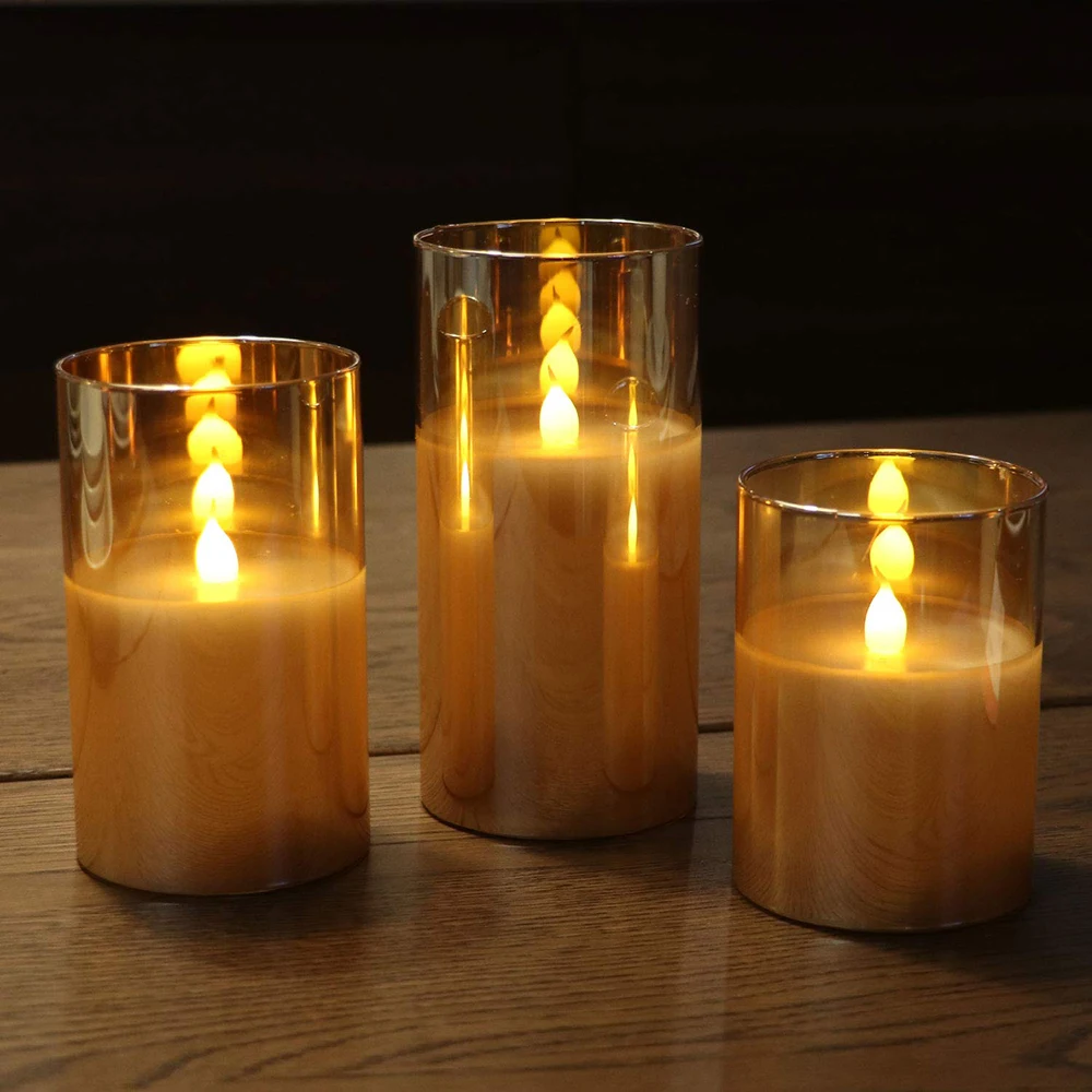 Glass cup LED Real Wax Candle Plain top with Timer Remote Control on/off switch
