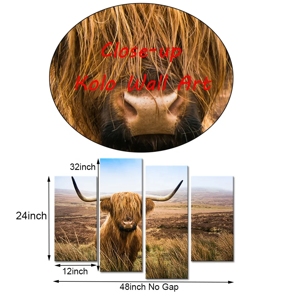 4 Panels Cow Wall Art for Home Decoration Texas Longhorn Pictures Extra Large Animal Wildlife Wall Decor Print on Canvas