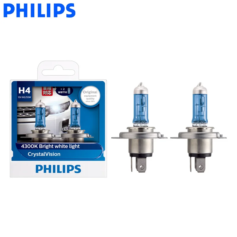 Philips H4 9003 12V 60/55W P43t Crystal Vision 4300K bright White Light Halogen Hi/lo Beam Car Headlight 12342CVSM, Pair