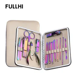 FULLHI Nail Clipper File Cuticle Nipper Nail Art Tool Face Cleaning Care 15 PCS/Set Rainbow Manicure Set with Luxury Travel Case