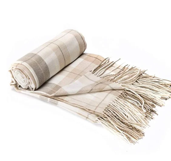 Grey and  White Plaid Fringed Cashmere Shawl Throw  Jacquard Wool  Blanket