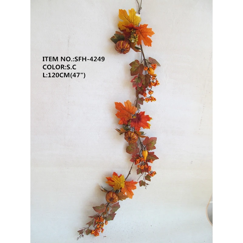 120CM Artificial Pumpkin Orange and Green Maple Leaves and Berry Fall Archway Wreath Garland