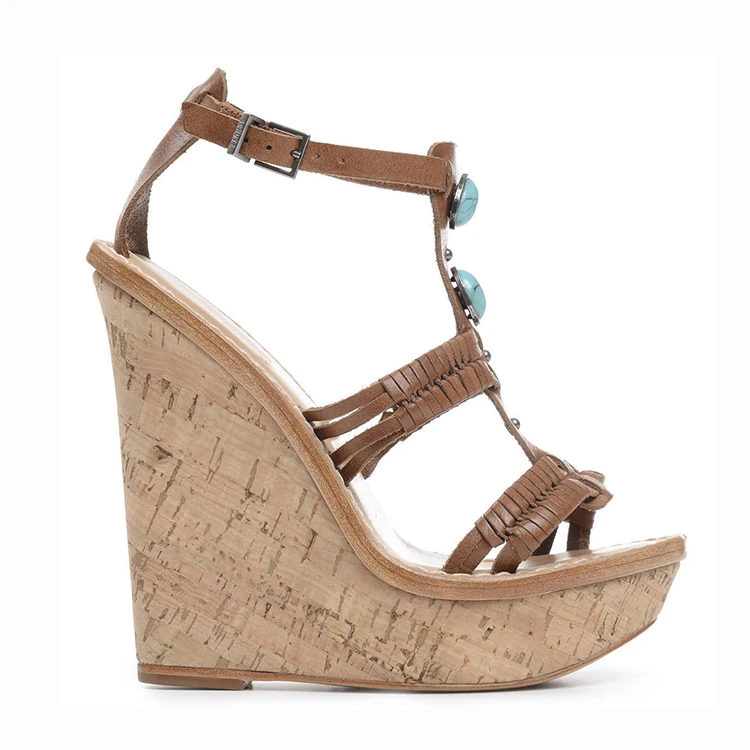 Hot sell in wholesales leather insoles with fashion cork high heel wedges sandals for women and ladies flat shoes